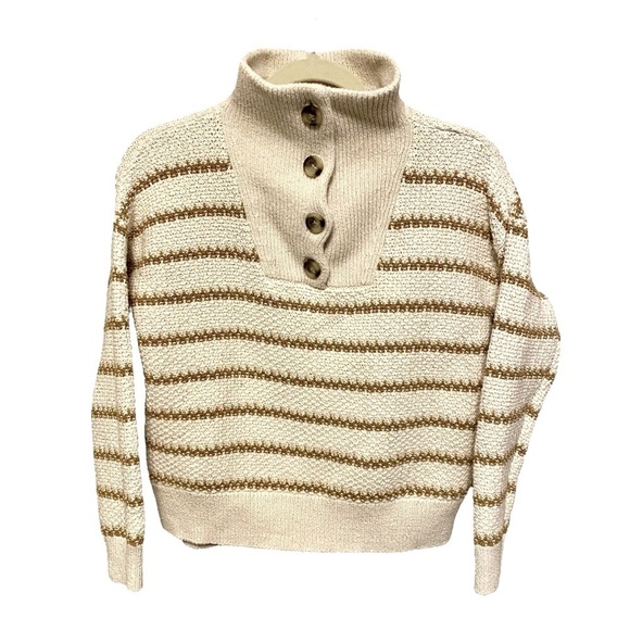 Madewell Canby Button Mockneck Sweater Tan/Antique Stripes Cream Womens size XXS - Picture 7 of 10